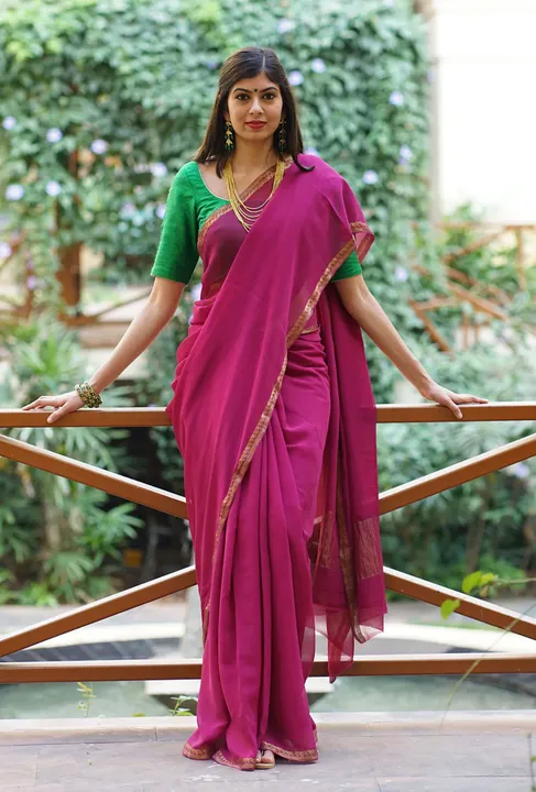 Fuchsia Banarasi chiffon saree with Banarasi silk blouse