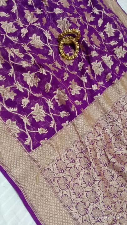 Purple Banarasi georgette saree with gold floral jaal