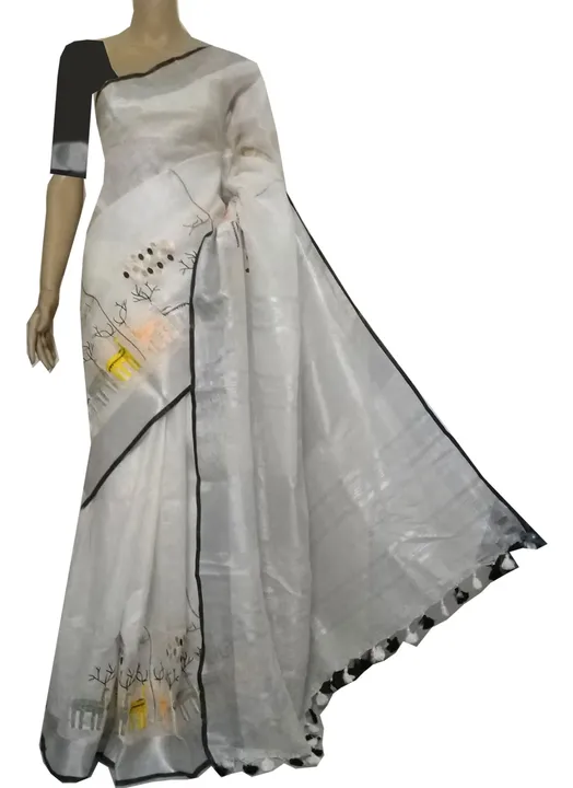 White linen saree with deer embroidery