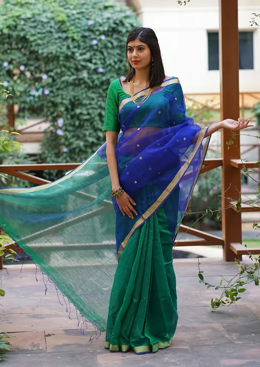 Royal blue and emerald green Matka silk half and half saree
