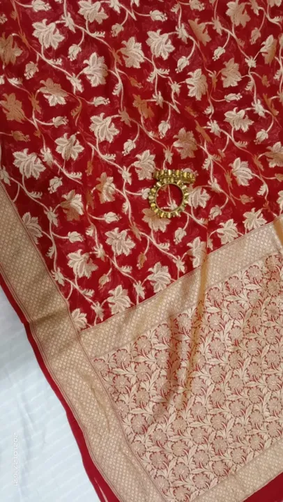 Red Banarasi georgette saree with gold floral jaal