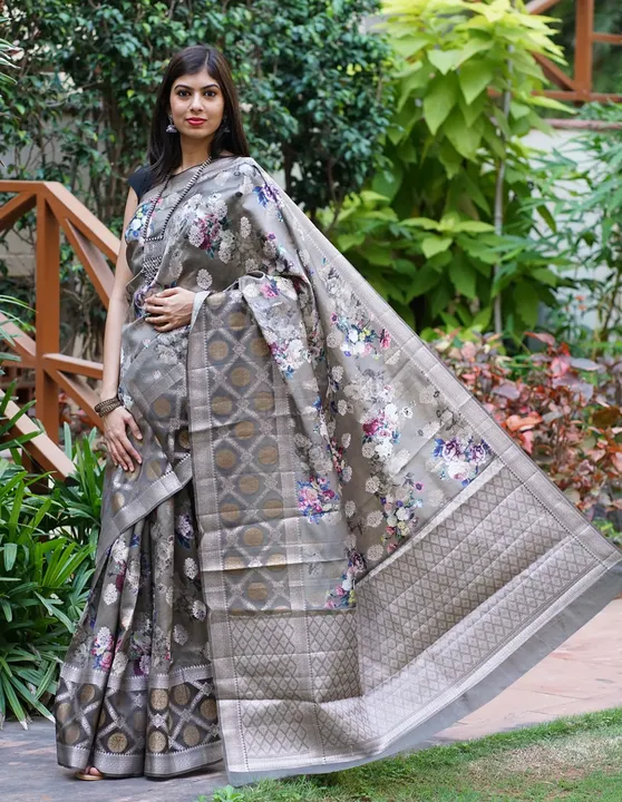 Grey Banarasi Dupion silk with digital print